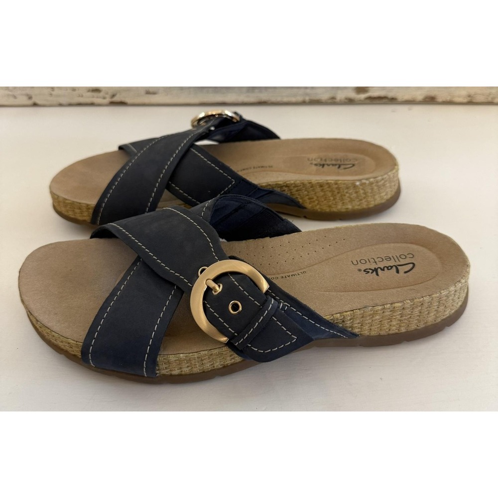 Clarks Collection Sandals Womens Blue Slip On Buckle Wedge Comfort Shoes Size 10 - Picture 4 of 5